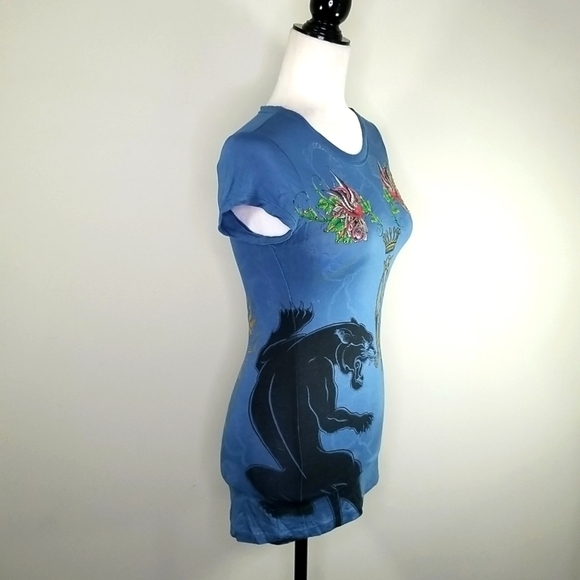 Christian Audigier Women's Black Panther and Bird of Paradise T-Shirt Size M - Picture 4 of 8